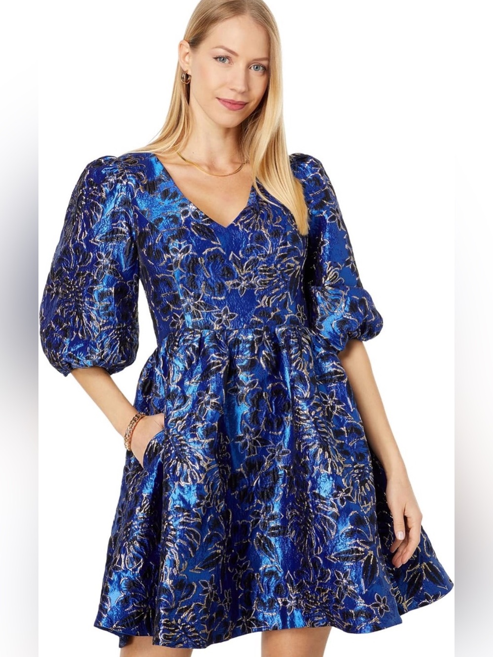 Lilly Pulitzer Calyssa Blue Grotto Floral Jacquard Dress Gold Accents Size 0
